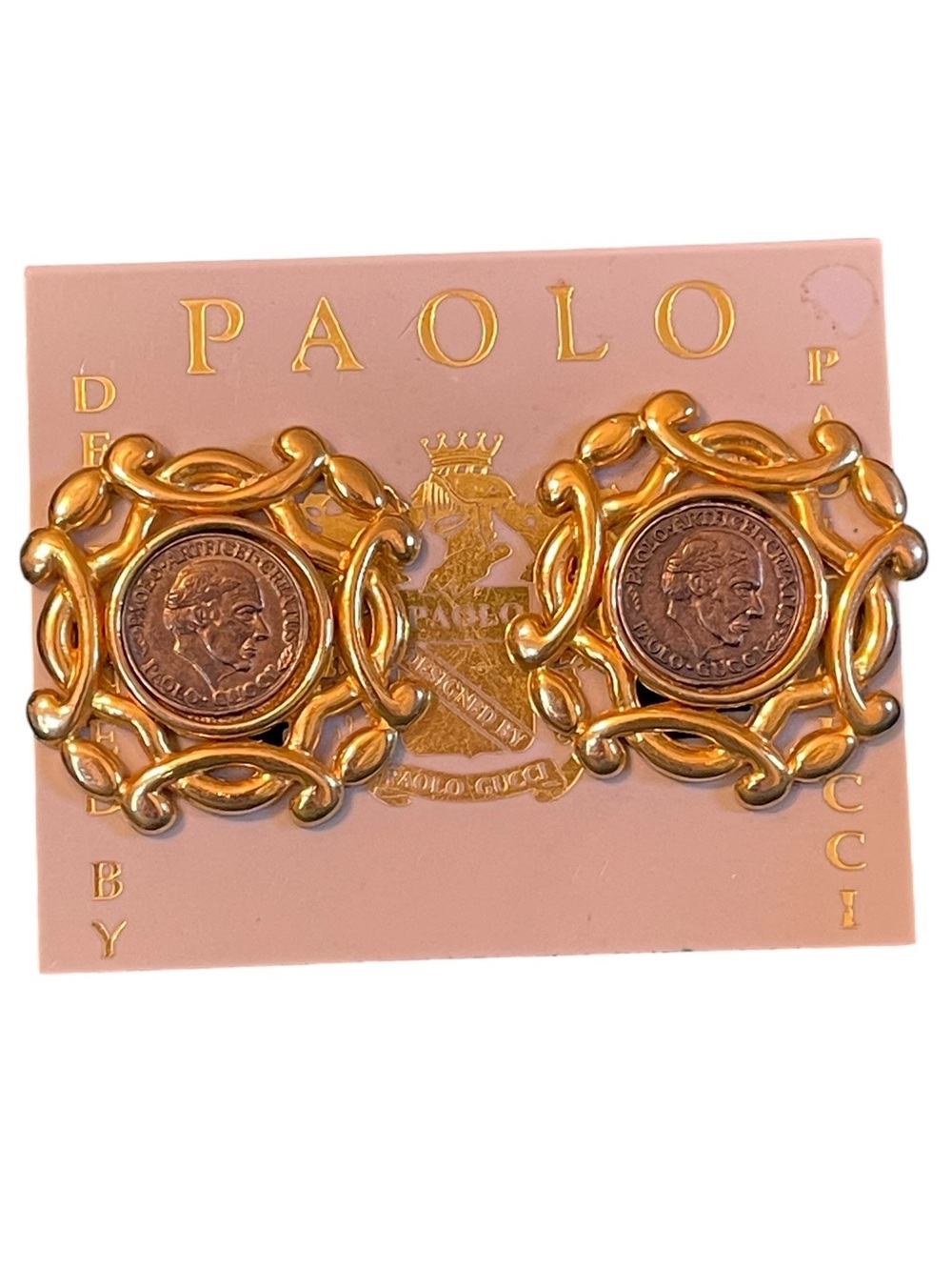Vintage Paolo Gucci Gold-Plated Medallion Portrait Coin Clip On Earrings NWT